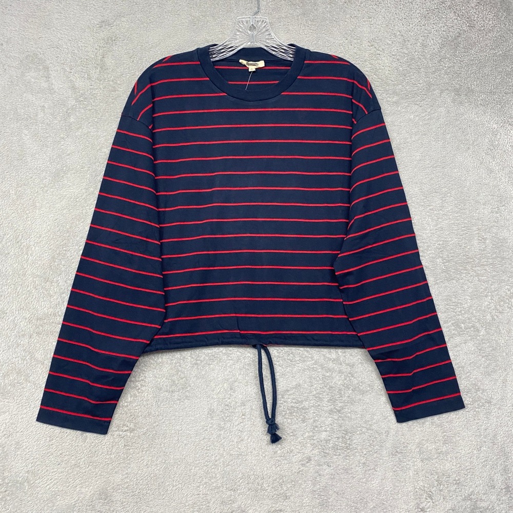 Madewell Top Womens Small Striped Drawstring Hem Long Sleeve Tee Navy Red NZ385 - Picture 2 of 8